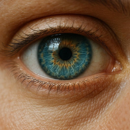 Close-up of human blue eye with blue iris. Macro shot