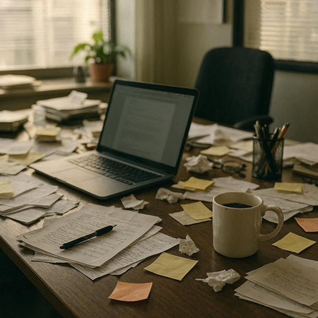 Messy office table with laptop, papers and coffee cup, tonedの写真素材