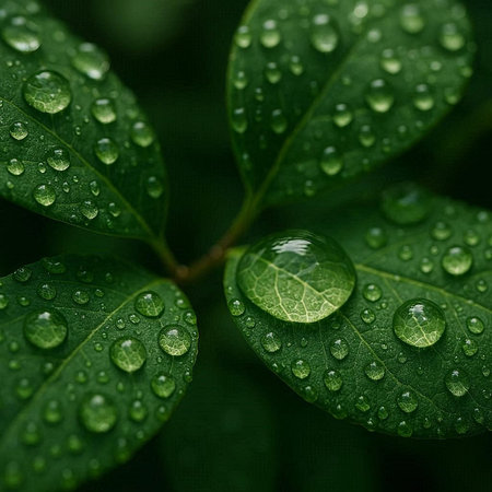 Water drops on green leaf. Nature background. Shallow depth of field.