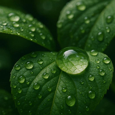 Water drops on green leaves. Nature background. Shallow depth of field.