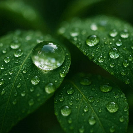 Water drops on a green leaf. Nature background. Shallow depth of field.の写真素材
