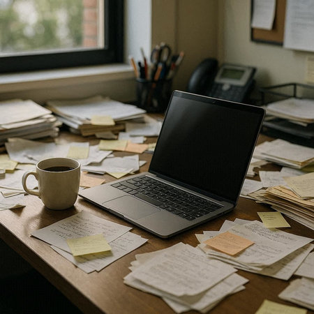 Laptop with blank screen and coffee cup on wooden desk in office