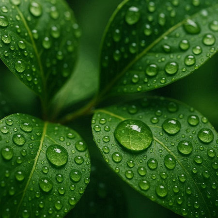 Water drops on green leaves. Nature background. Shallow DOF.の写真素材