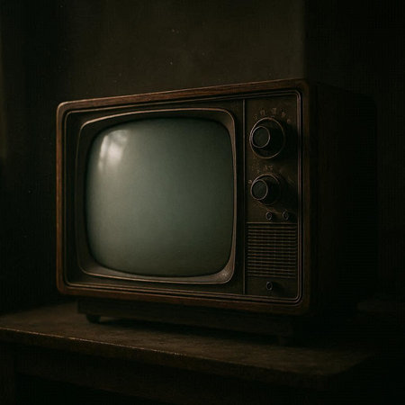 Vintage television on a wooden shelf in a dark room. Toned.