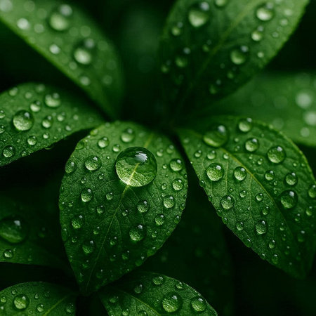 Water drops on green leaves. Nature background. Shallow depth of field.の写真素材