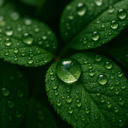 Water drops on green leaves. Nature background. Shallow depth of field.