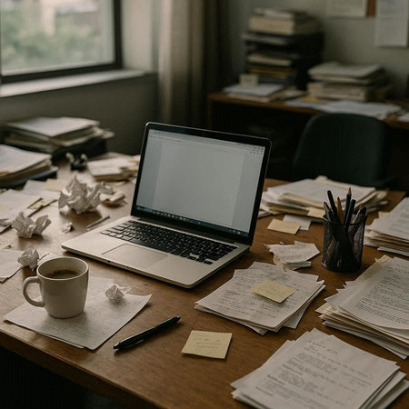 Laptop with blank screen on the table with books and coffee cup