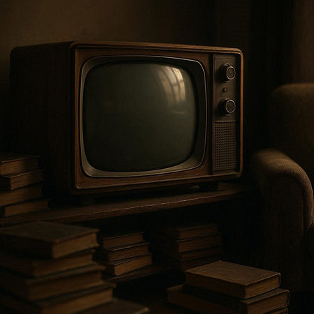 Vintage TV and books on the shelf in the dark room.