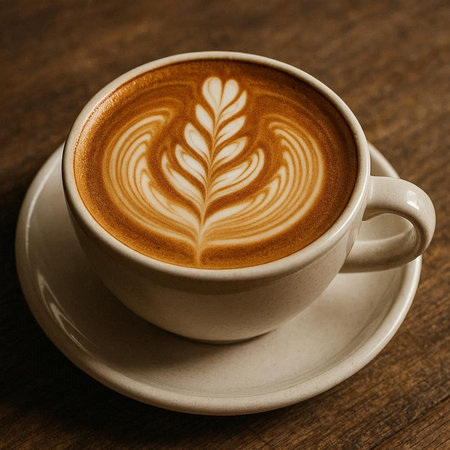 Coffee cup with latte art on a wooden table.