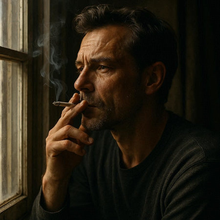 Portrait of a man smoking a cigarette in a dark room.