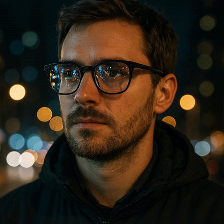 Portrait of a handsome man with glasses in the city at night