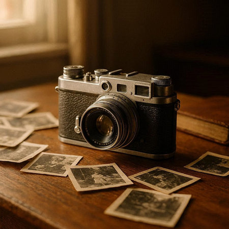 Retro camera and old photos on a wooden table. Shallow depth of field
