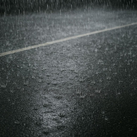 Rain drops on asphalt road in rainy day. Abstract blurred background.