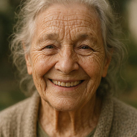 Portrait of an elderly woman smiling at the camera in the park