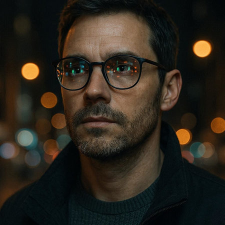 Portrait of a handsome middle-aged man in glasses against the background of the night city