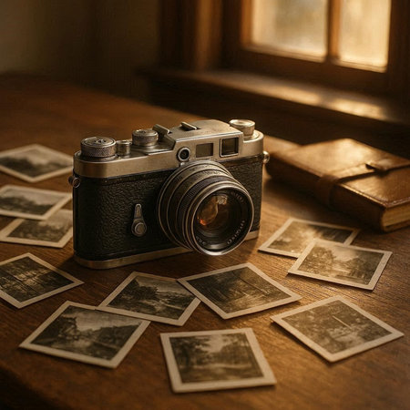 Old camera and old photos on a wooden table. Vintage photo.