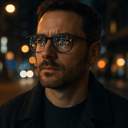 Portrait of a handsome man with glasses in the city at night