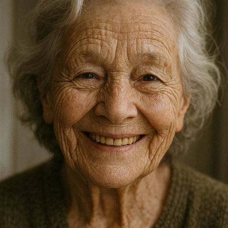 Portrait of an elderly woman smiling at the camera, close-up