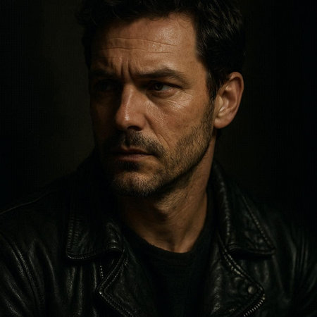 Portrait of a serious man in a leather jacket on a dark background