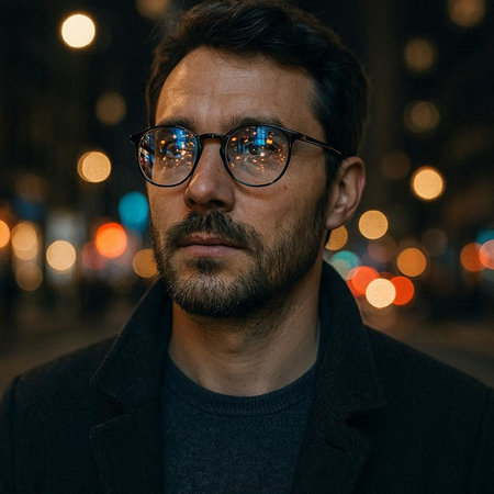 Portrait of a handsome bearded man with glasses in the city at night