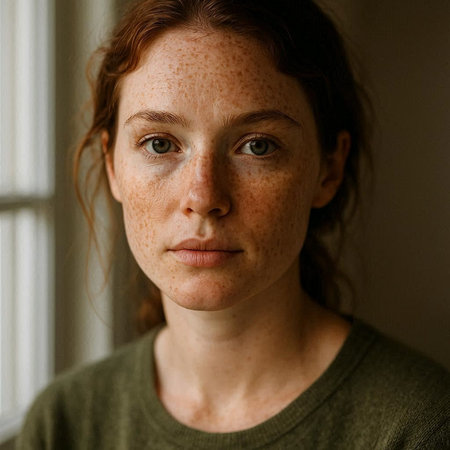 Portrait of a red-haired girl with freckles on her faceの写真素材