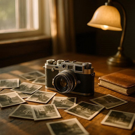 Vintage camera and old photos on a wooden table in the room