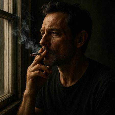 Portrait of a mature man smoking a cigarette in a dark room