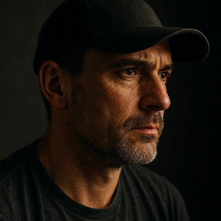 Portrait of a serious man in a cap on a dark background