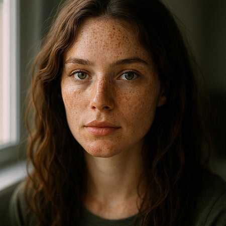 Portrait of a young woman with freckles on her faceの写真素材