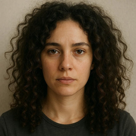 portrait of a young woman with curly hair on a gray background