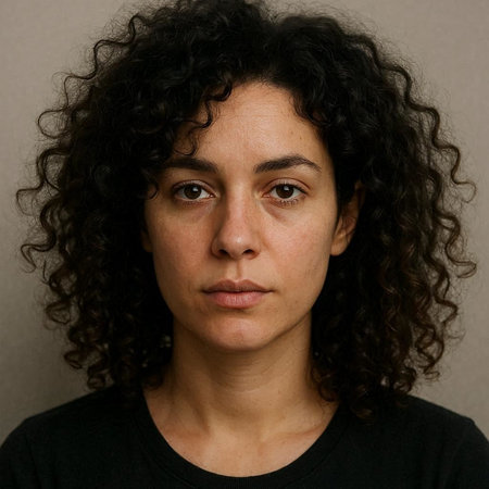 Portrait of a woman with curly hair on a gray background.の写真素材