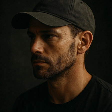 Portrait of a handsome man in a cap on a dark background