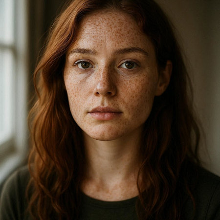 Portrait of a red-haired girl with freckles on her faceの写真素材
