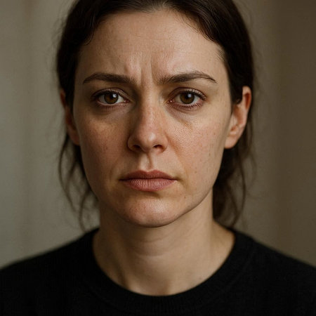 Portrait of a woman with a serious look on her face.