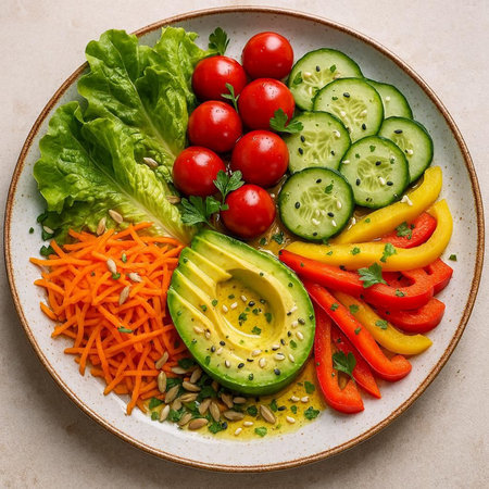 Vegetable salad with avocado, tomatoes, cucumber, bell pepper and seeds