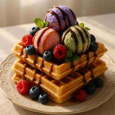 Belgian waffles with ice cream, blueberries and raspberriesの写真素材