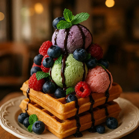Belgian waffles with ice cream, fresh berries and mint.の写真素材