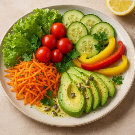 Healthy salad with fresh vegetables, cucumber, tomato, bell pepper, lettuce and pumpkin seeds in...