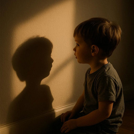 Sad little boy sitting on the floor and looking at his shadow.