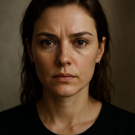 Close up portrait of a sad woman looking at the camera with her eyes closed