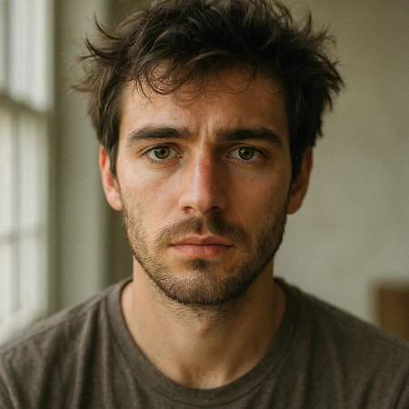 Portrait of a man with a beard in a gray t-shirt
