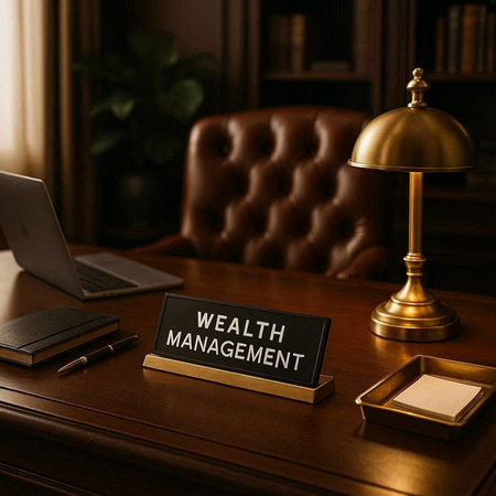 Wooden desk with a black board with text WEALTH MANAGEMENT