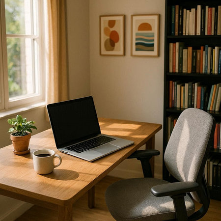 Laptop and coffee cup on a wooden table in a cozy roomの写真素材