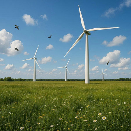 Wind turbines on a green meadow with white flowers and blue sky