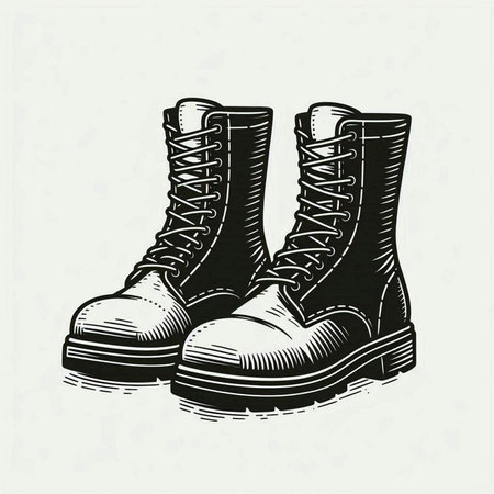 Hand drawn vector illustration of a pair of hiking boots in vintage style.