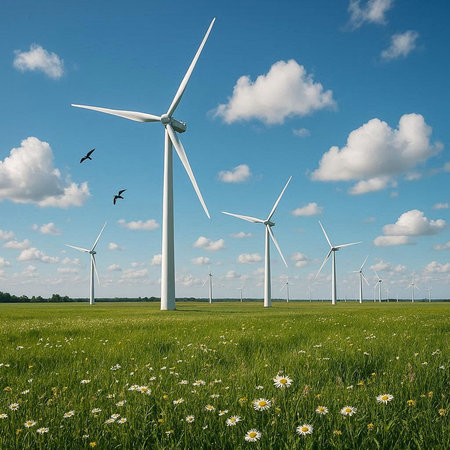 Wind turbines on a green meadow with daisies and blue sky