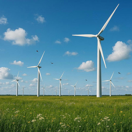 Windmills for electric power production, Zaragoza Province, Aragon, Spain.