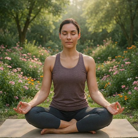 Young woman practicing yoga in the park, sitting in lotus positionの写真素材