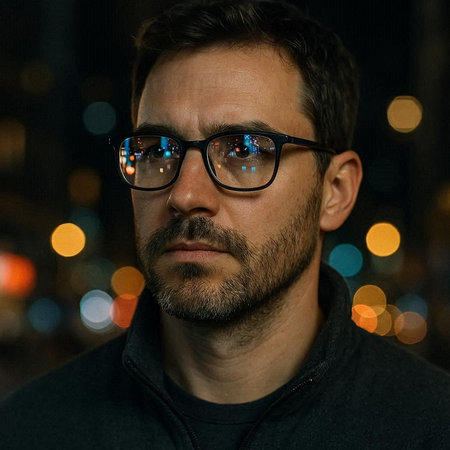 Portrait of a handsome young man with beard and glasses in the city at night