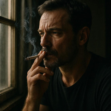 Portrait of a mature man smoking a cigar in a dark room